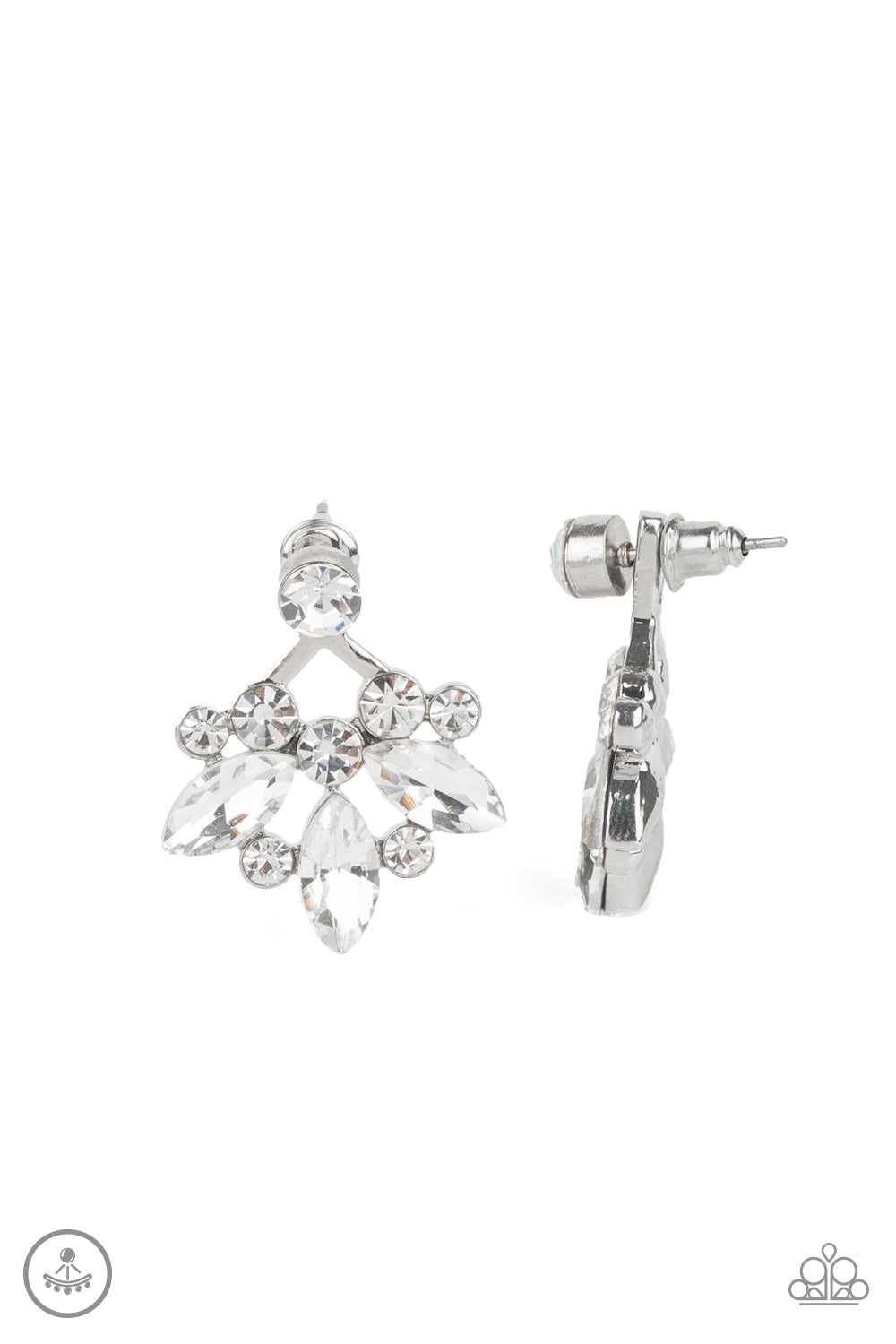 A solitaire white rhinestone attaches to a double-sided post, designed to fasten behind the ear. Radiating with a fringe of round and marquise style rhinestones, the double sided-post peeks out beneath the ear for a glamorous finish. Earring attaches to a standard post fitting.