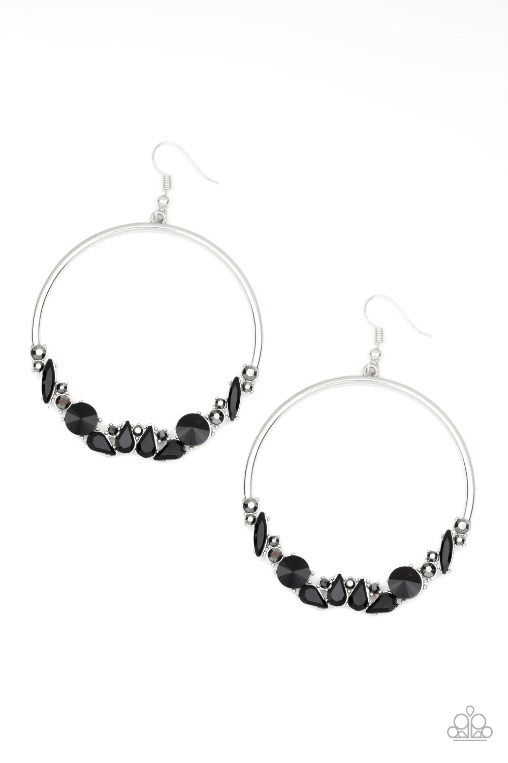 Vary in size and shape, an edgy collection of black and hematite rhinestones are encrusted along the bottom of a silver hoop for a glamorous look. Earring attaches to a standard fishhook fitting.