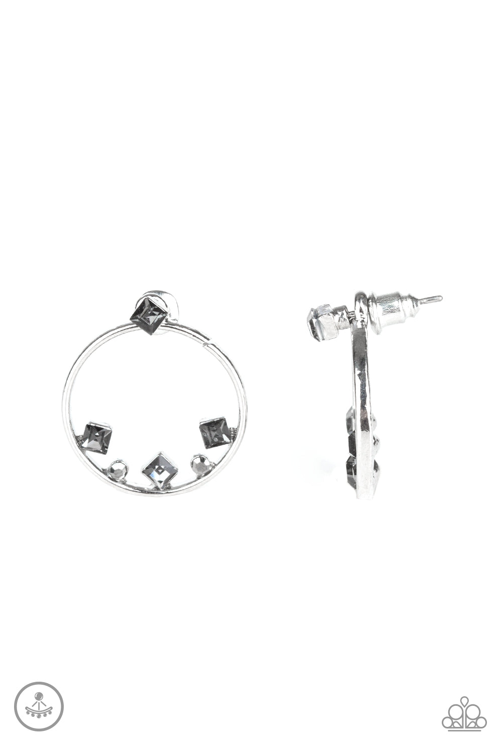 A solitaire smoky cube rhinestone attaches to a double-sided post, designed to fasten behind the ear. Encrusted with a bottom border of smoky cube and round hematite rhinestones, the circular double-sided post peeks out beneath the ear for a bold look. Earring attaches to a standard post fitting.