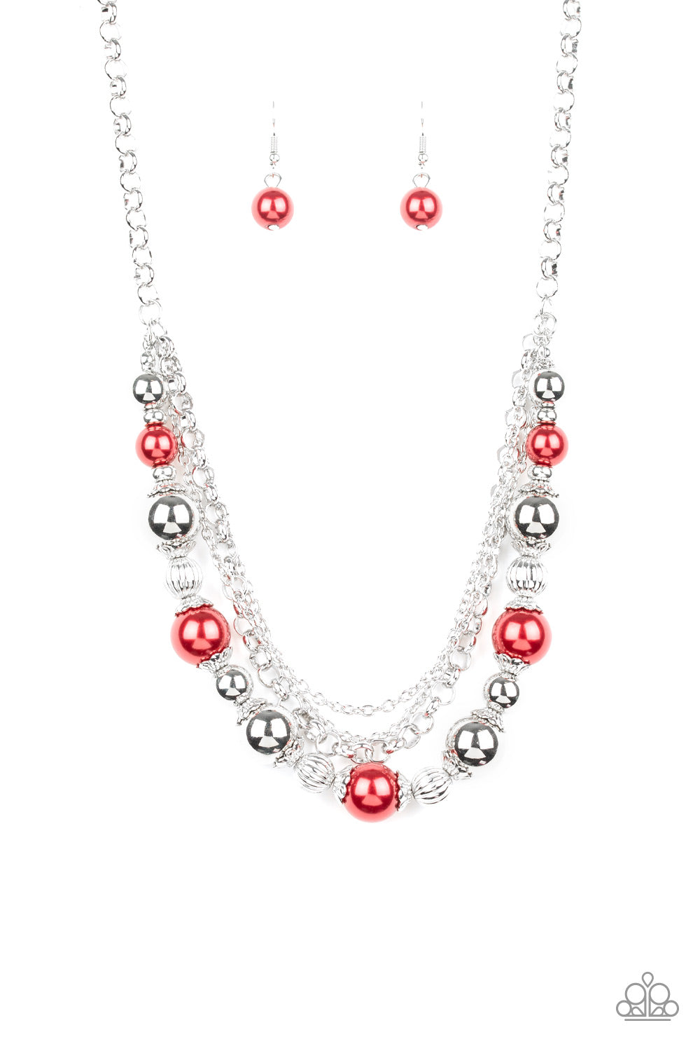 Layers of mismatched silver chains give way to a strand of ornate silver beads and oversized red pearls that cascade below the collar for a refined flair. Features an adjustable clasp closure.