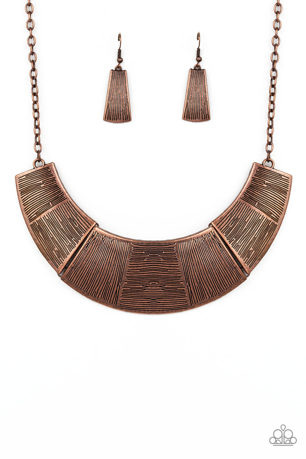 Etched in sections of vertical and horizontal linear textures, glistening antiqued copper plates link together, forming a bold half-moon pendant below the collar. Features an adjustable clasp closure.