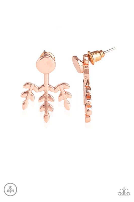 A flat shiny copper stud attaches to a double-sided post, designed to fasten behind the ear. Brushed in a high-sheen shimmer, the leafy double-sided post peeks out beneath the ear for a seasonal look. Earring attaches to a standard post fitting.