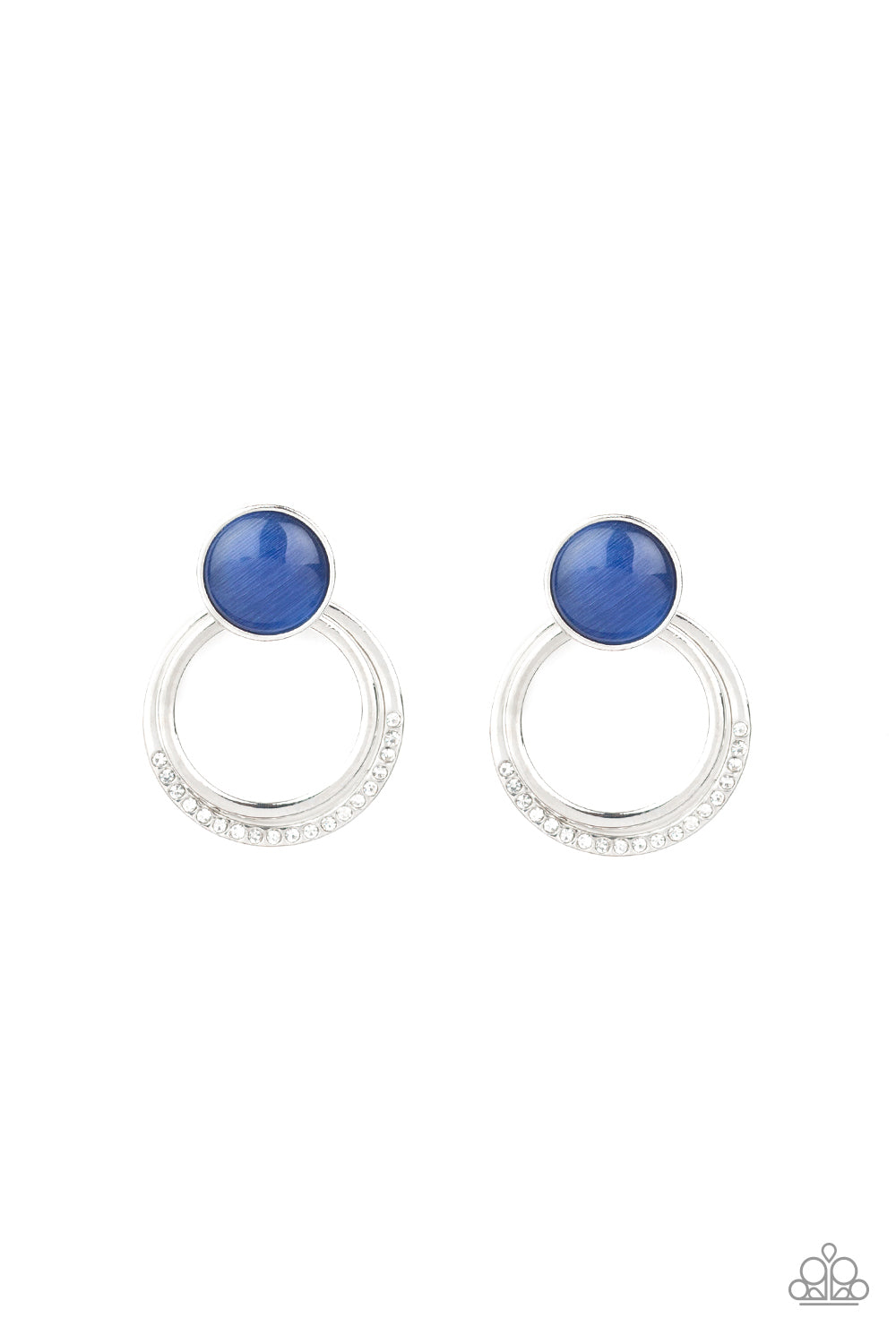 A plain silver hoop and white rhinestone encrusted hoop swing from the bottom of a glowing blue cat's eye stone fitting for a whimsical fashion. Earring attaches to a standard post fitting.