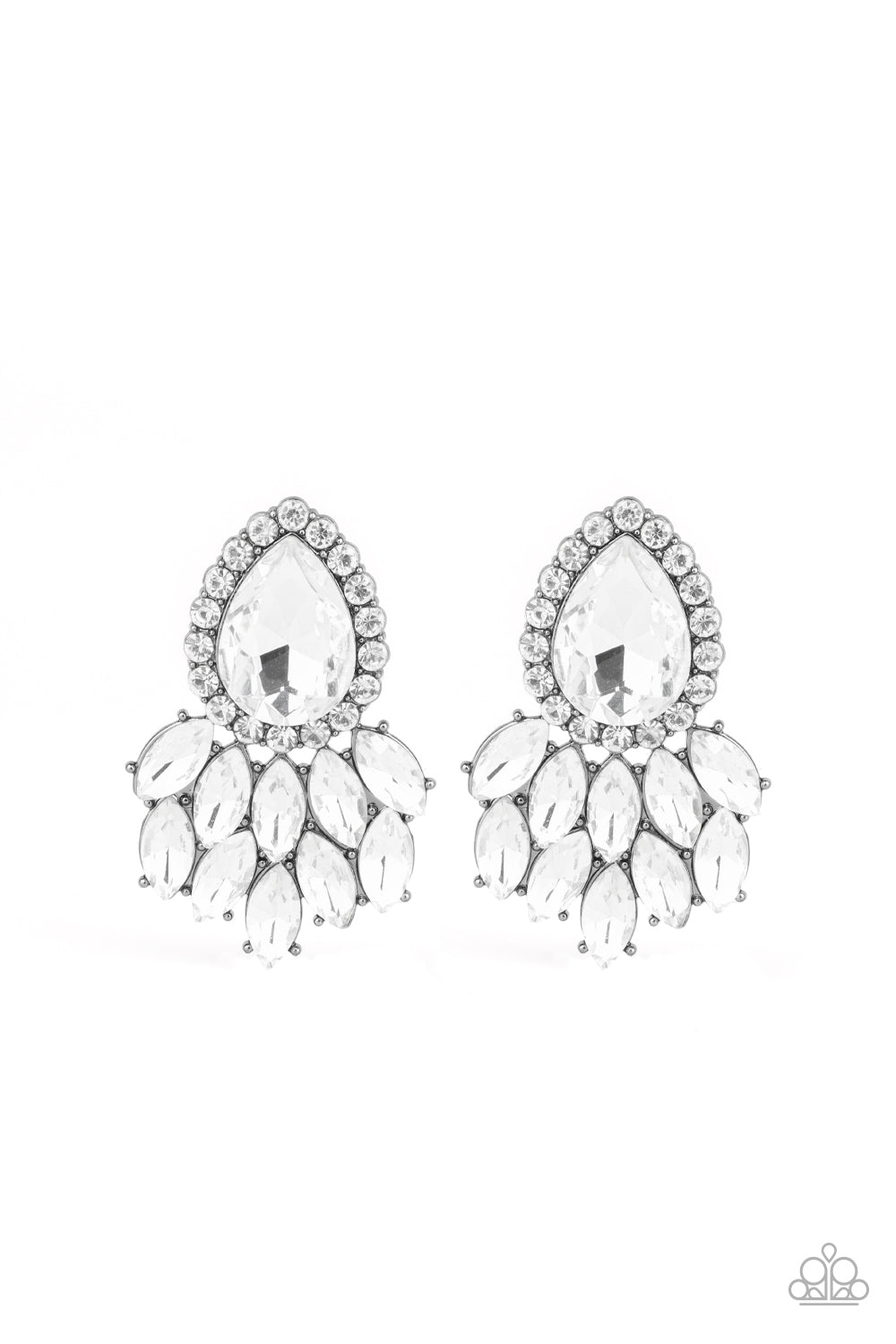 Glassy white marquise style rhinestones cascade from the bottom of a dramatically oversized white teardrop gem, coalescing into a regal frame. Earring attaches to a standard post fitting.