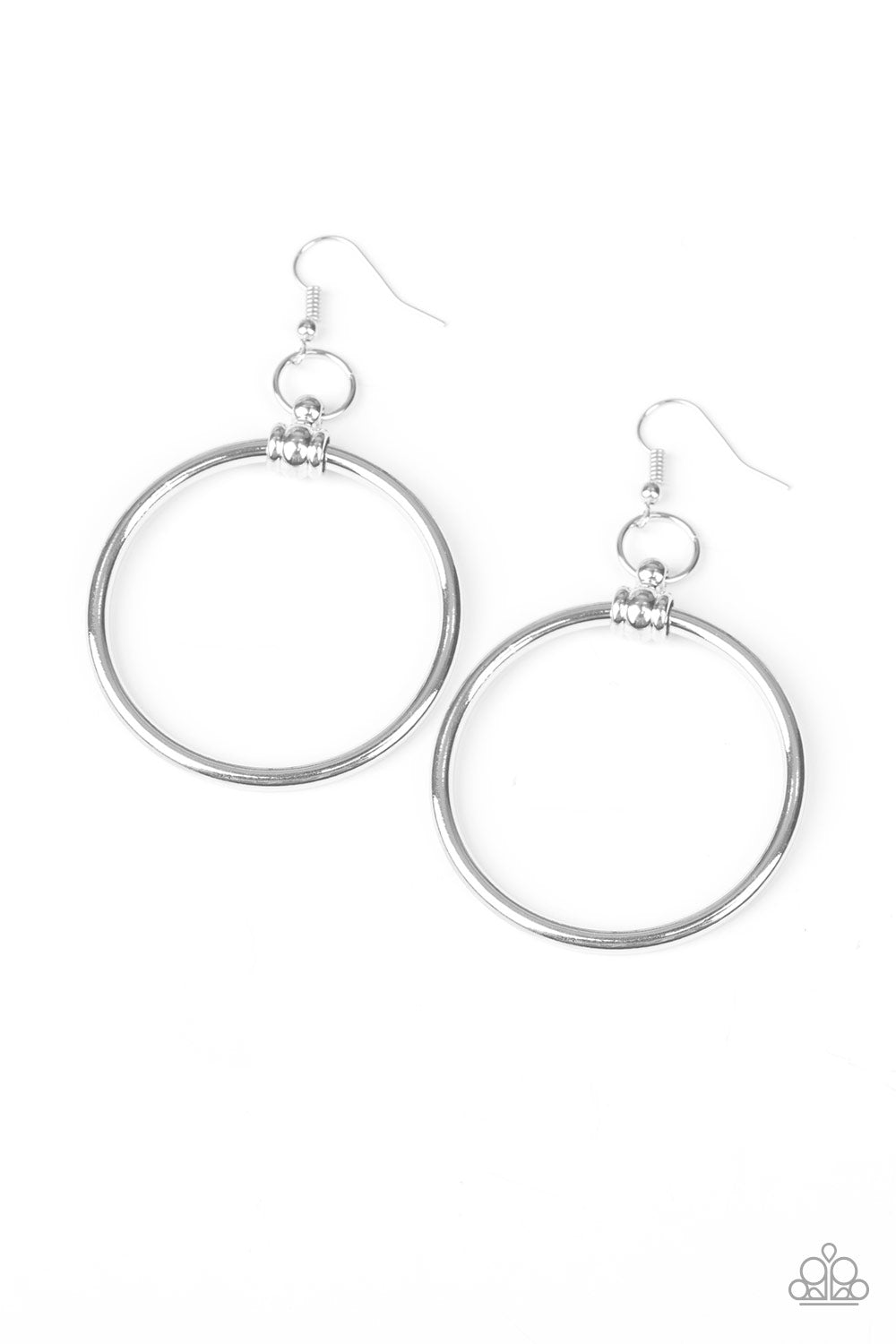 A thick silver ring is threaded through the center of an ornate silver fitting, creating a refined hoop. Earring attaches to a standard fishhook fitting.