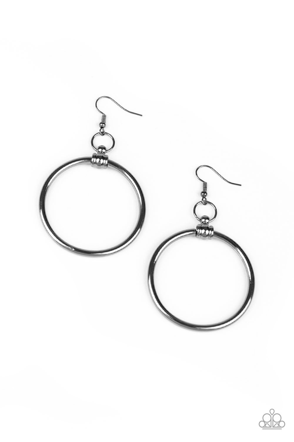 A thick gunmetal ring is threaded through the center of an ornate gunmetal fitting, creating a refined hoop. Earring attaches to a standard fishhook fitting.