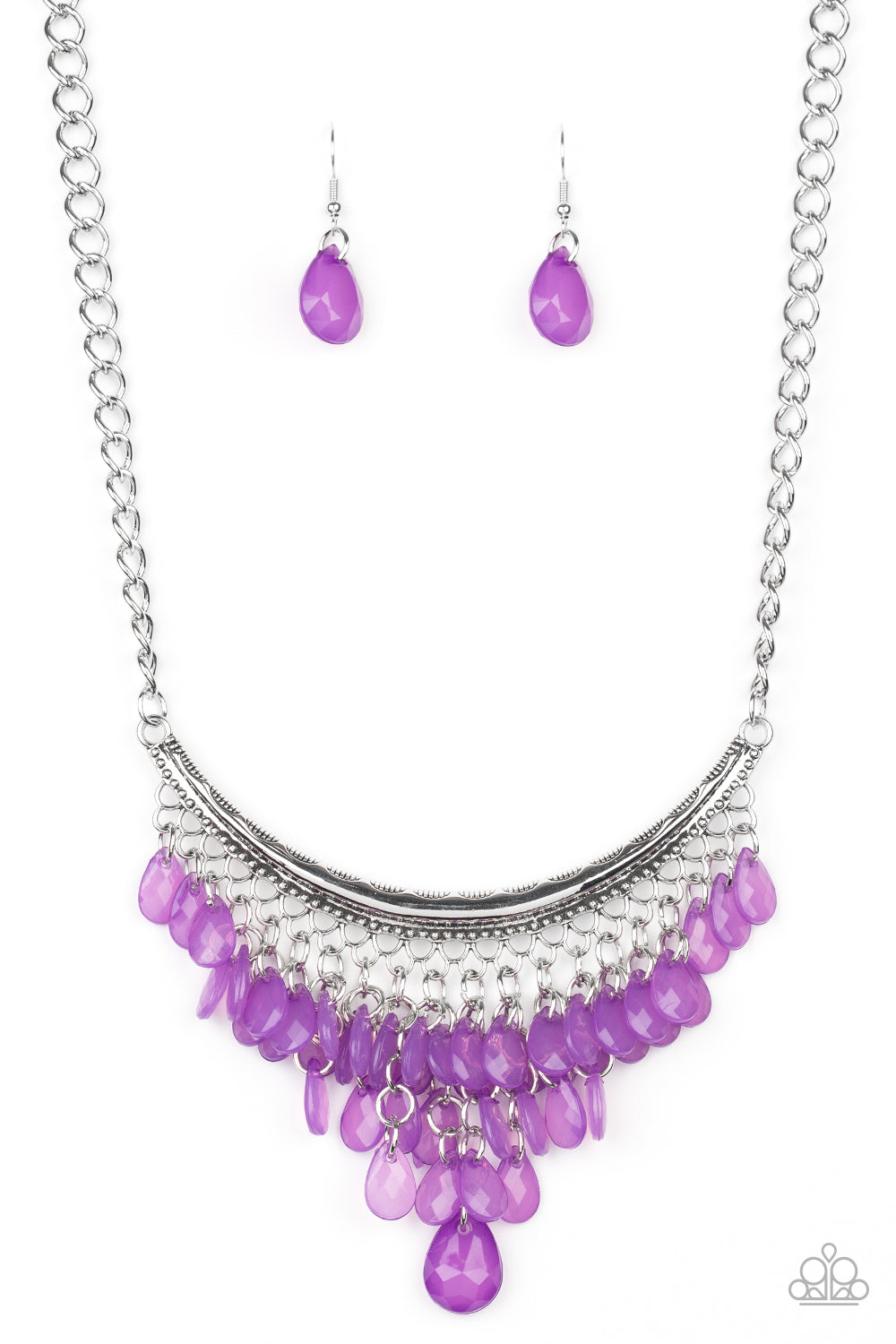 Varying in size, opaque purple teardrops drip from the bottom of a bowing silver bar, creating an effervescent fringe below the collar. Features an adjustable clasp closure.