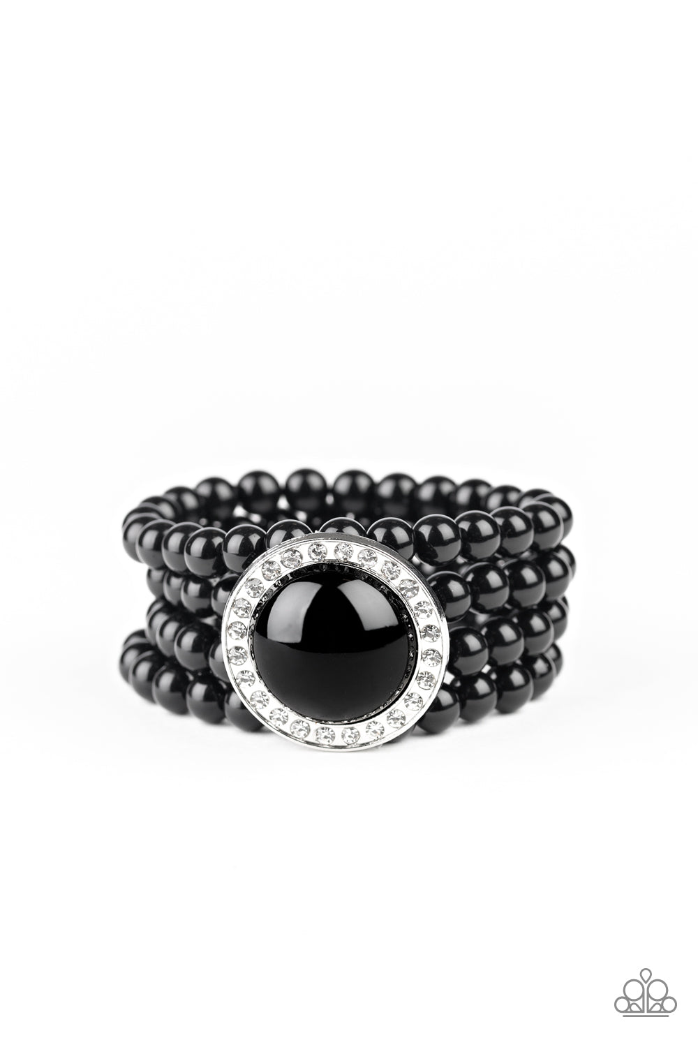 Threaded along stretchy bands, row after row of black beads are held in place by an exaggerated black beaded frame encrusted in glassy white rhinestones for a refined finish.