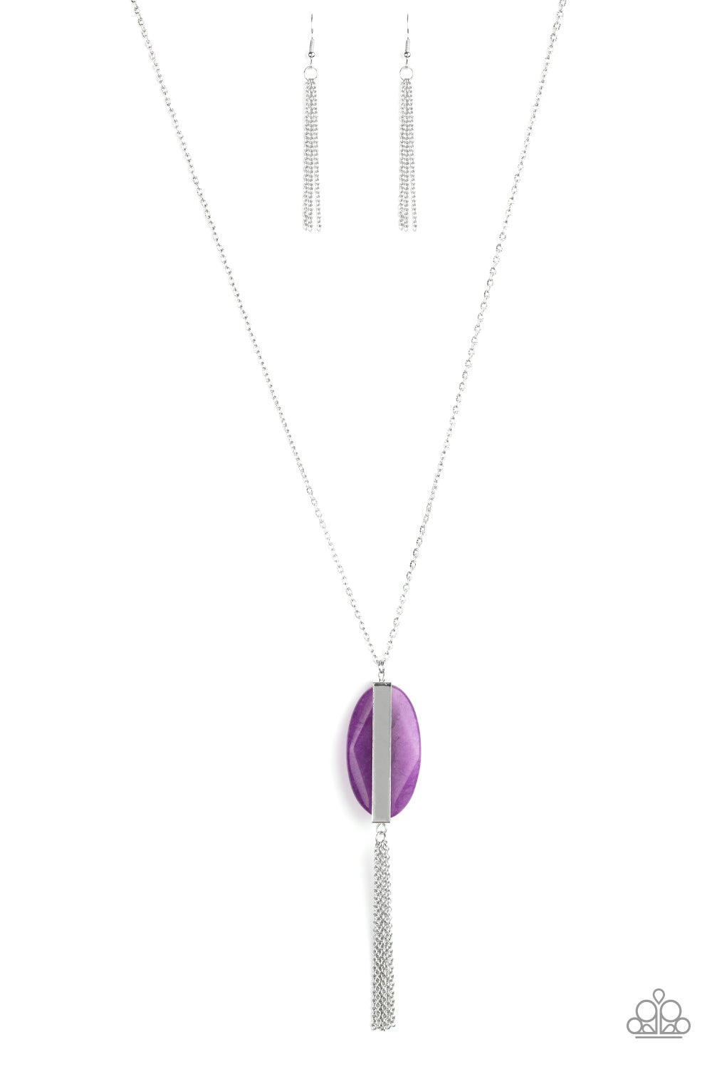 Threaded through a rod, an ethereal purple stone sits inside a rectangular silver fitting, giving way to a shimmery silver chain tassel for a tranquil finish. Features an adjustable clasp closure.