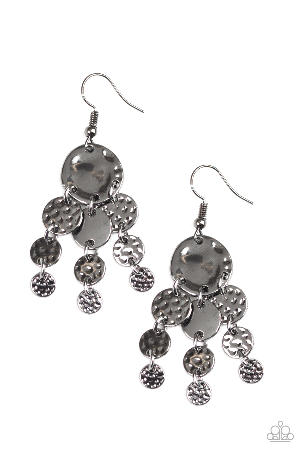 Featuring smooth and hammered finishes, a dainty collection of gunmetal discs dangle from the bottom of a round gunmetal fitting, creating a chime-like fringe. Earring attaches to a standard fishhook fitting.