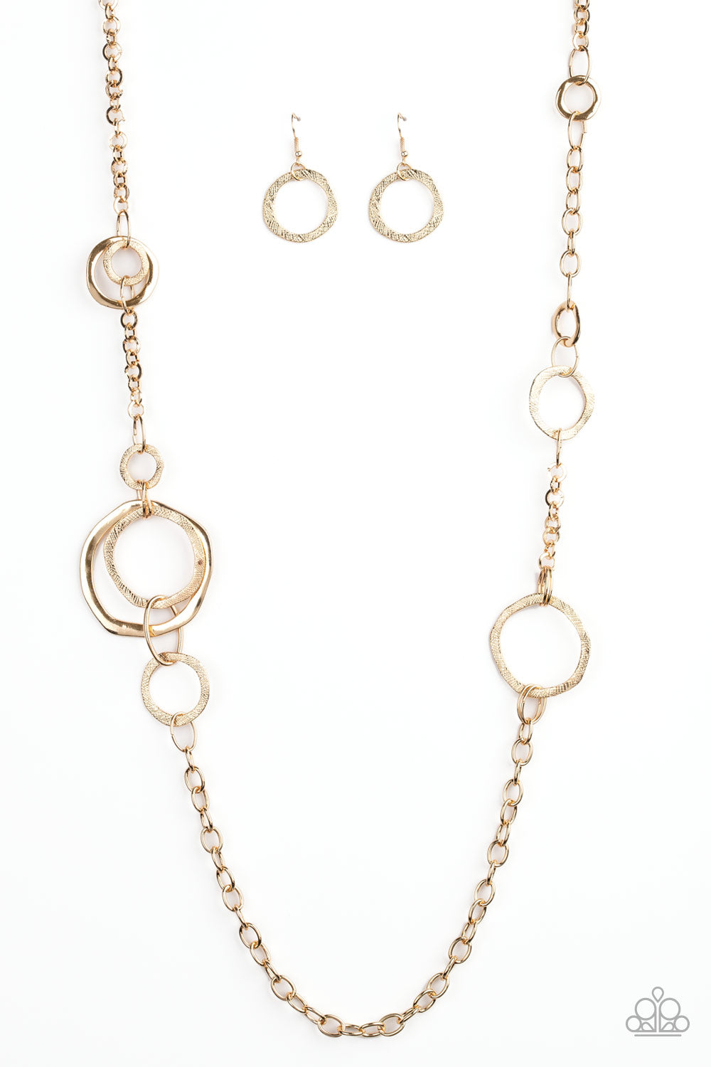 Featuring shiny and textured finishes, a collection of gold rings and hoops connect across the chest for an edgy look. Features an adjustable clasp closure.