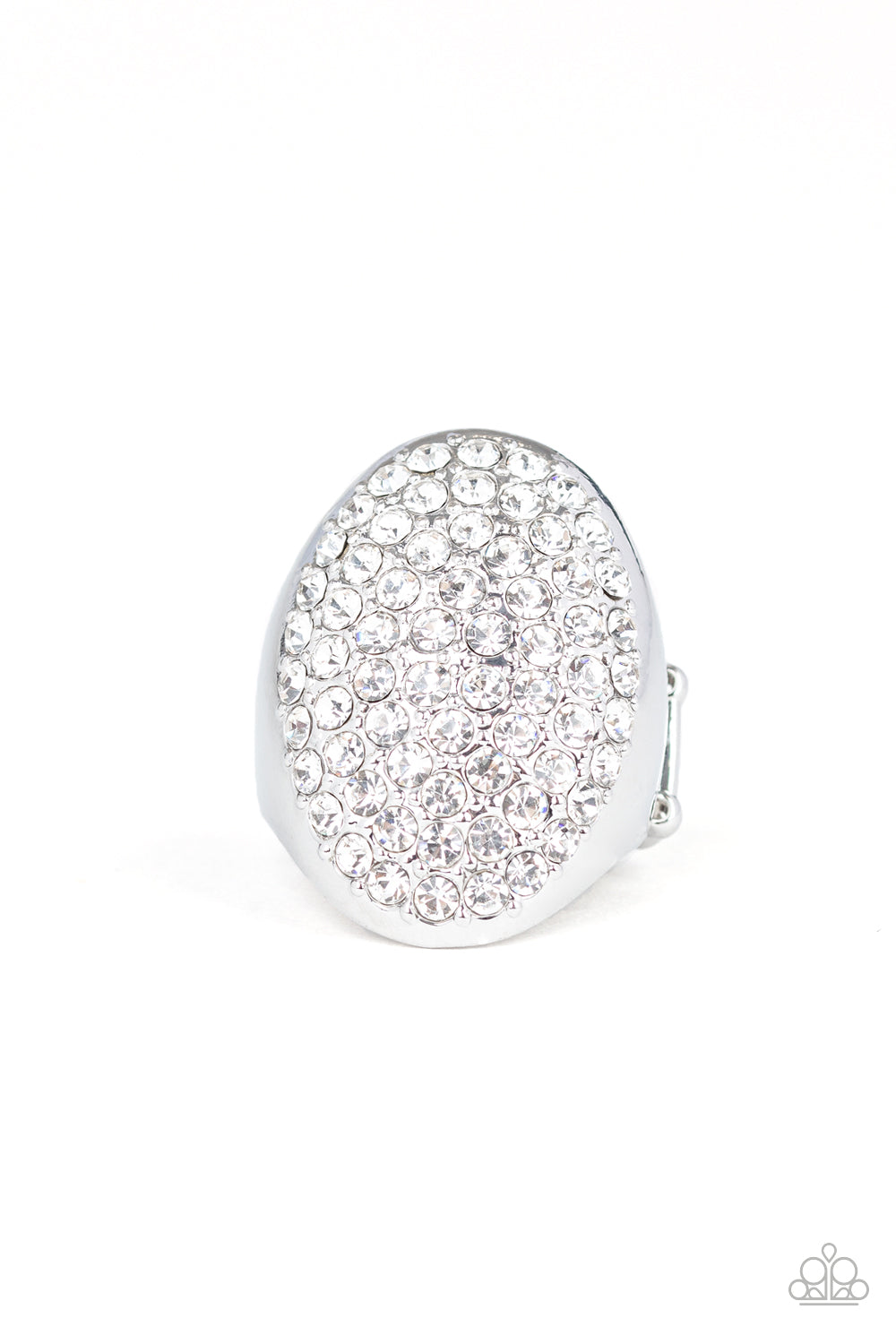 Row after row of dazzling white rhinestones radiate out from the center of a thick silver frame, creating a blinding centerpiece atop the finger. Features a stretchy band for a flexible fit.  Sold as one individual ring.