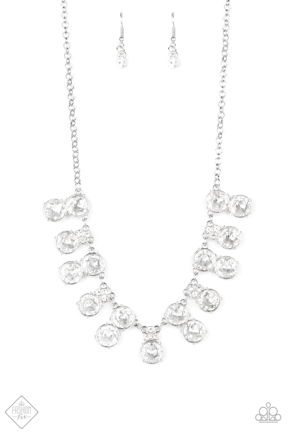 Pairs of stacked white rhinestone frames alternate with solitaire white rhinestones along a shiny silver chain, creating a glamorous fringe below the collar. A cluster of tiny rhinestones sits at the top of each solitaire, resulting in sparkle that just won't quit. Features an adjustable clasp closure.