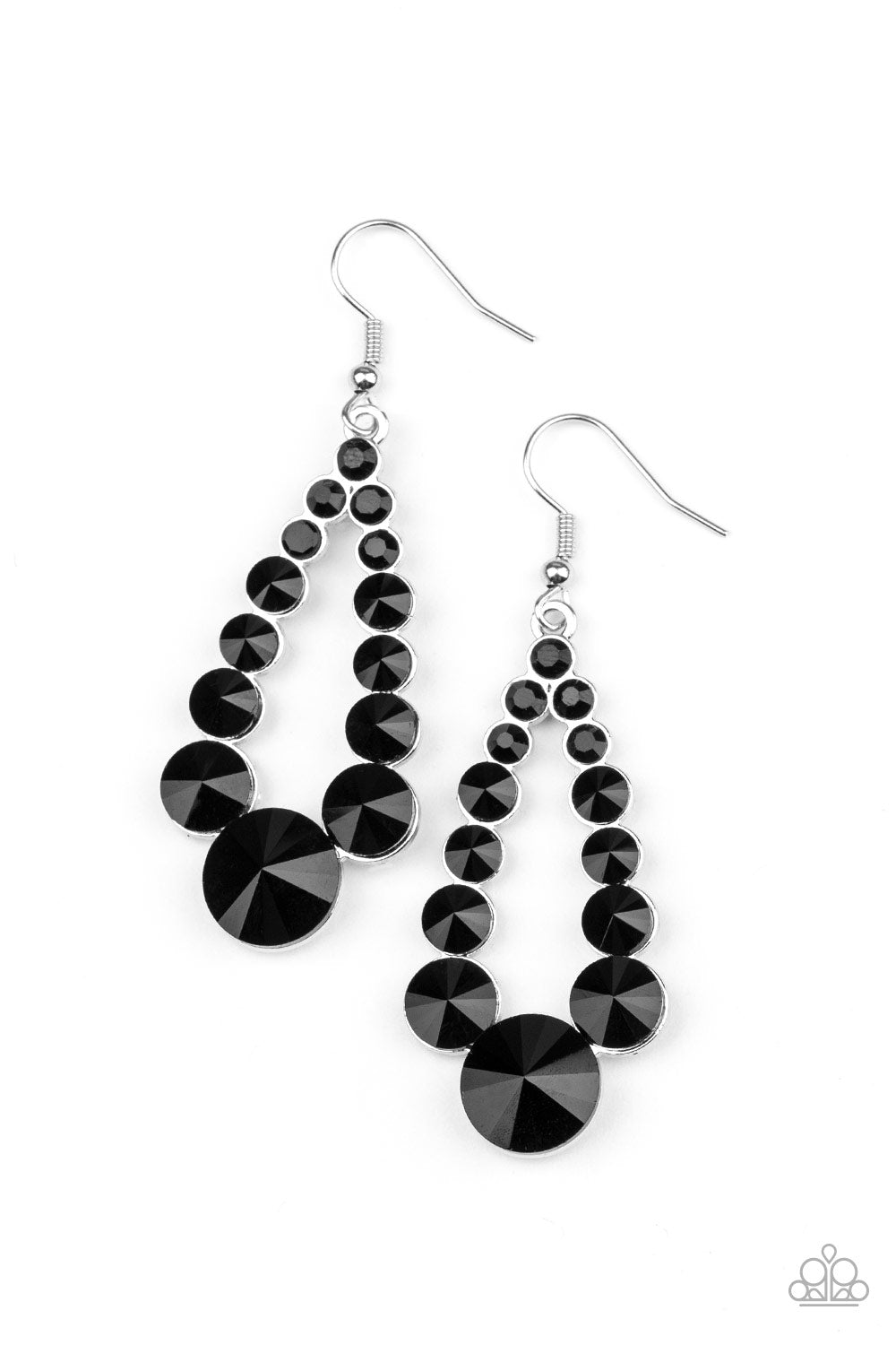 Gradually increasing in size, glittery black rhinestones coalesce into a glamorous teardrop frame for a refined look. Earring attaches to a standard fishhook fitting.