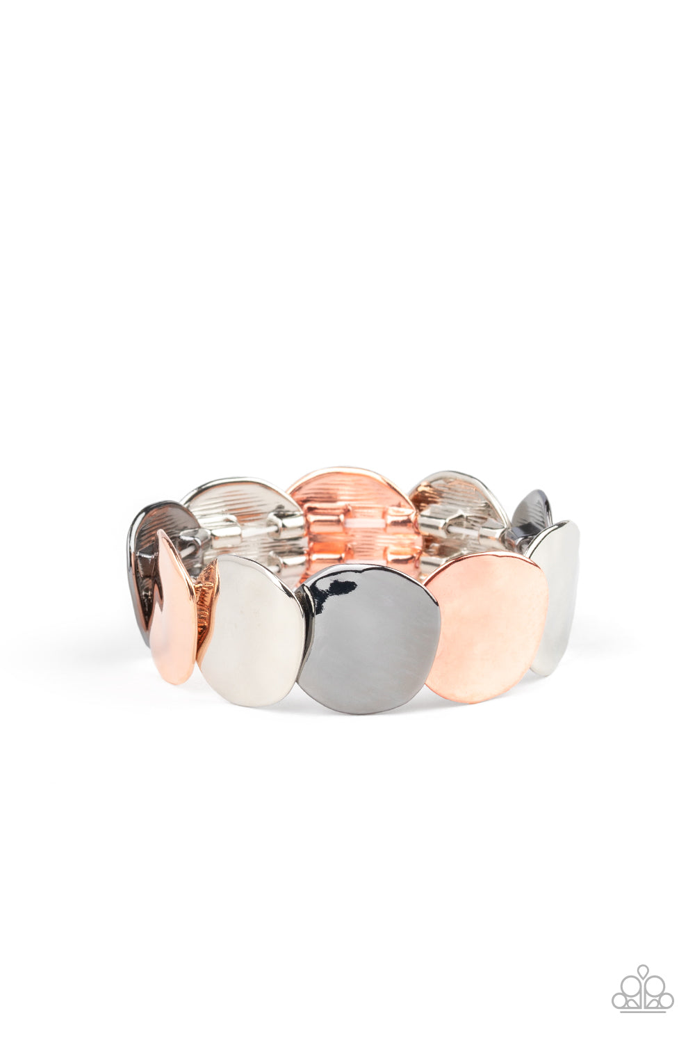 A hammered collection of asymmetrical hammered silver, shiny copper, and gunmetal discs are threaded along stretchy bands, overlapping around the wrist for a refined flair.