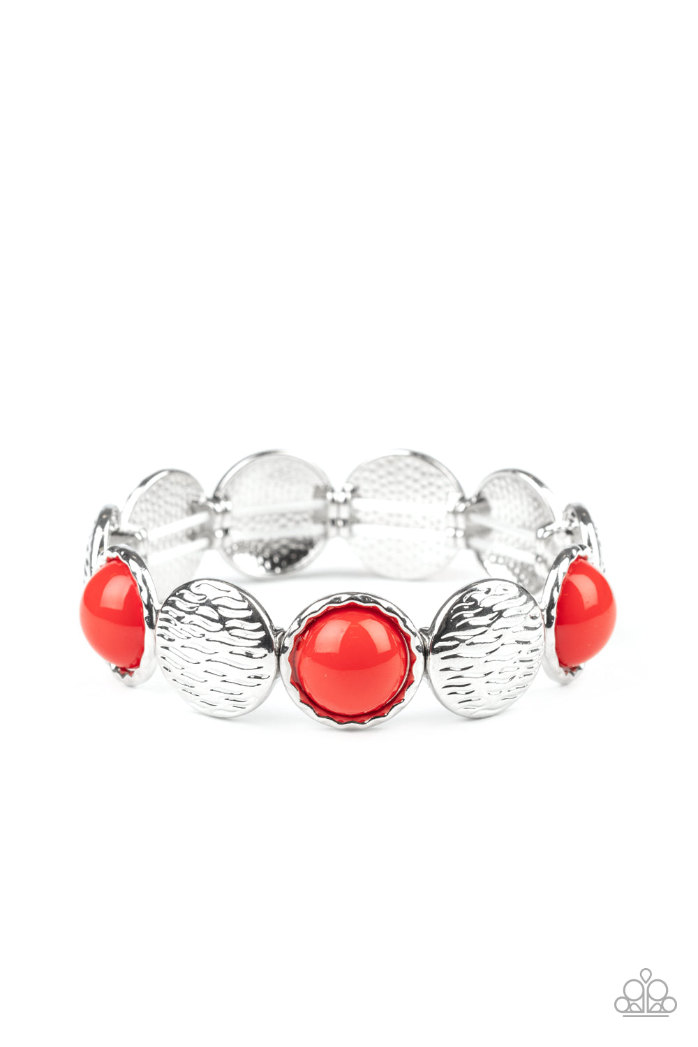 Embossed in wavy textures, shiny silver discs and bubbly red beaded frames are threaded along a stretchy band around the wrist, creating a colorful statement piece.