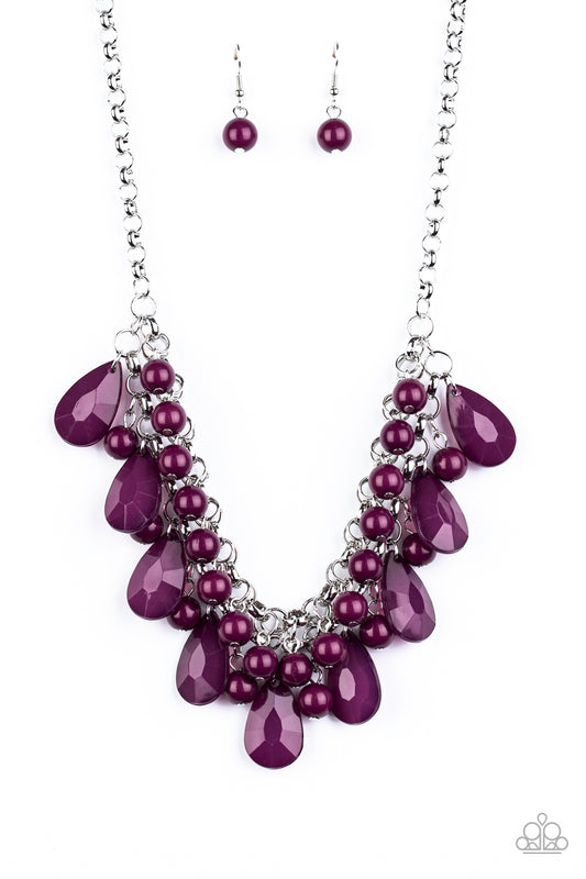 Rows of shiny plum beads and glassy faceted purple teardrops cascade from rows of interlocking silver chains, creating a flirtatious fringe below the collar. Features an adjustable clasp closure.