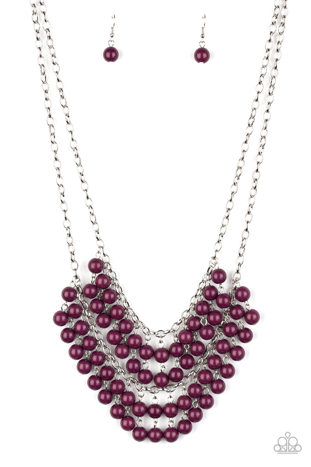 Pairs of plum beads cascade from the bottoms of two silver chains, creating a vivaciously layered fringe below the collar. Features an adjustable clasp closure.  Sold as one individual necklace. Includes one pair of matching earrings.