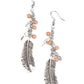 Dainty brown stone beads and shiny silver feather charms trickle along a dainty silver chain, giving way to a life-like silver feather frame for a free-spirited finish. Earring attaches to a standard fishhook fitting.