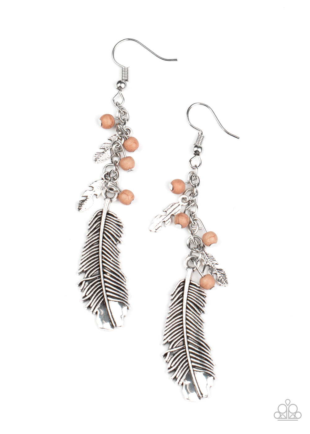 Dainty brown stone beads and shiny silver feather charms trickle along a dainty silver chain, giving way to a life-like silver feather frame for a free-spirited finish. Earring attaches to a standard fishhook fitting.