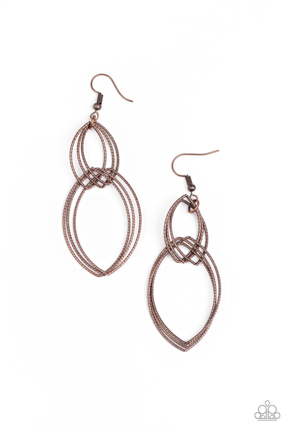 Trios of textured marquise-shaped copper frames link into an airy lure for a classic look. Earring attaches to a standard fishhook fitting.