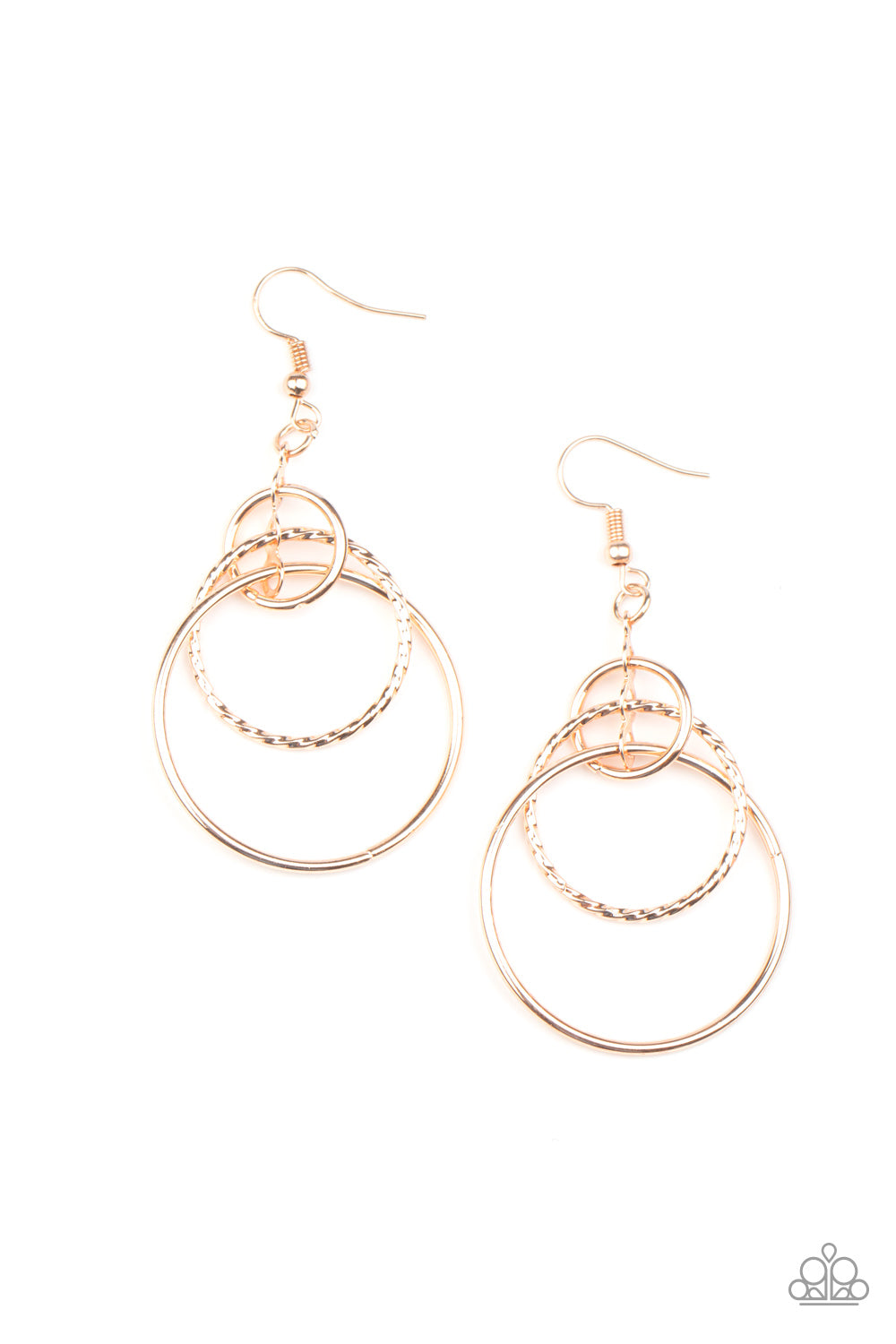 Varying in size and textures, three dainty rose gold hoops are threaded along a shimmery rose gold fitting, creating a dizzying lure. Earring attaches to a standard fishhook fitting.