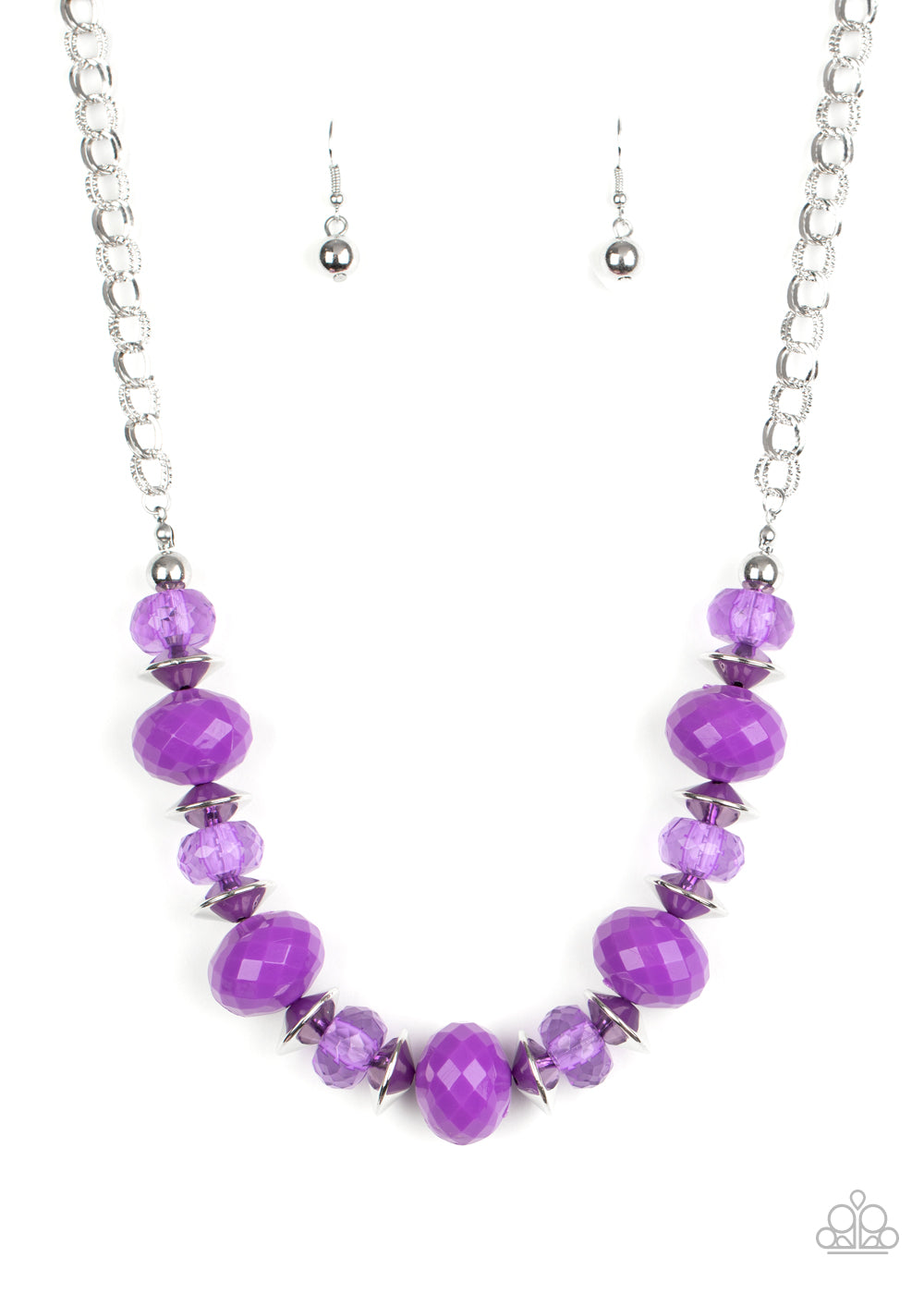 Saucer shaped silver beads trickle between faceted purple beads and crystal-like beads along an invisible wire, creating a glamorous display below the collar. Features an adjustable clasp closure.