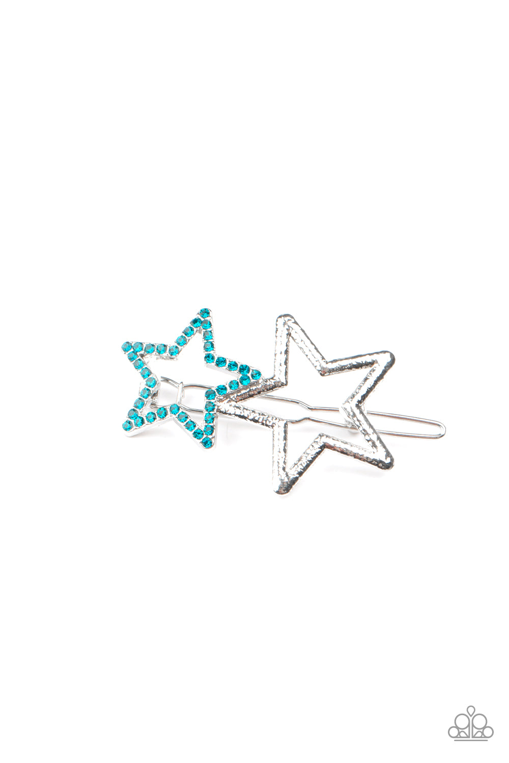 A blue rhinestone encrusted star and hammered silver star join into a star-studded centerpiece for a stellar fashion. Features a clamp barrette closure.