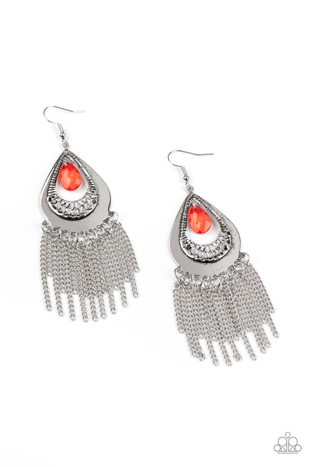 A faceted red teardrop dangles from the top of a decorative silver teardrop frame featuring stenciled and hammered details. Dainty silver chains stream from the bottom, adding a classic fringe to the refined display. Earring attaches to a standard fishhook fitting.