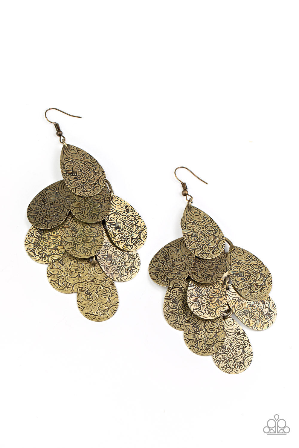 Embossed in a tropical floral pattern, antiqued brass teardrops cascade from the ear, coalescing into a noise-making lure. Earring attaches to a standard fishhook fitting.