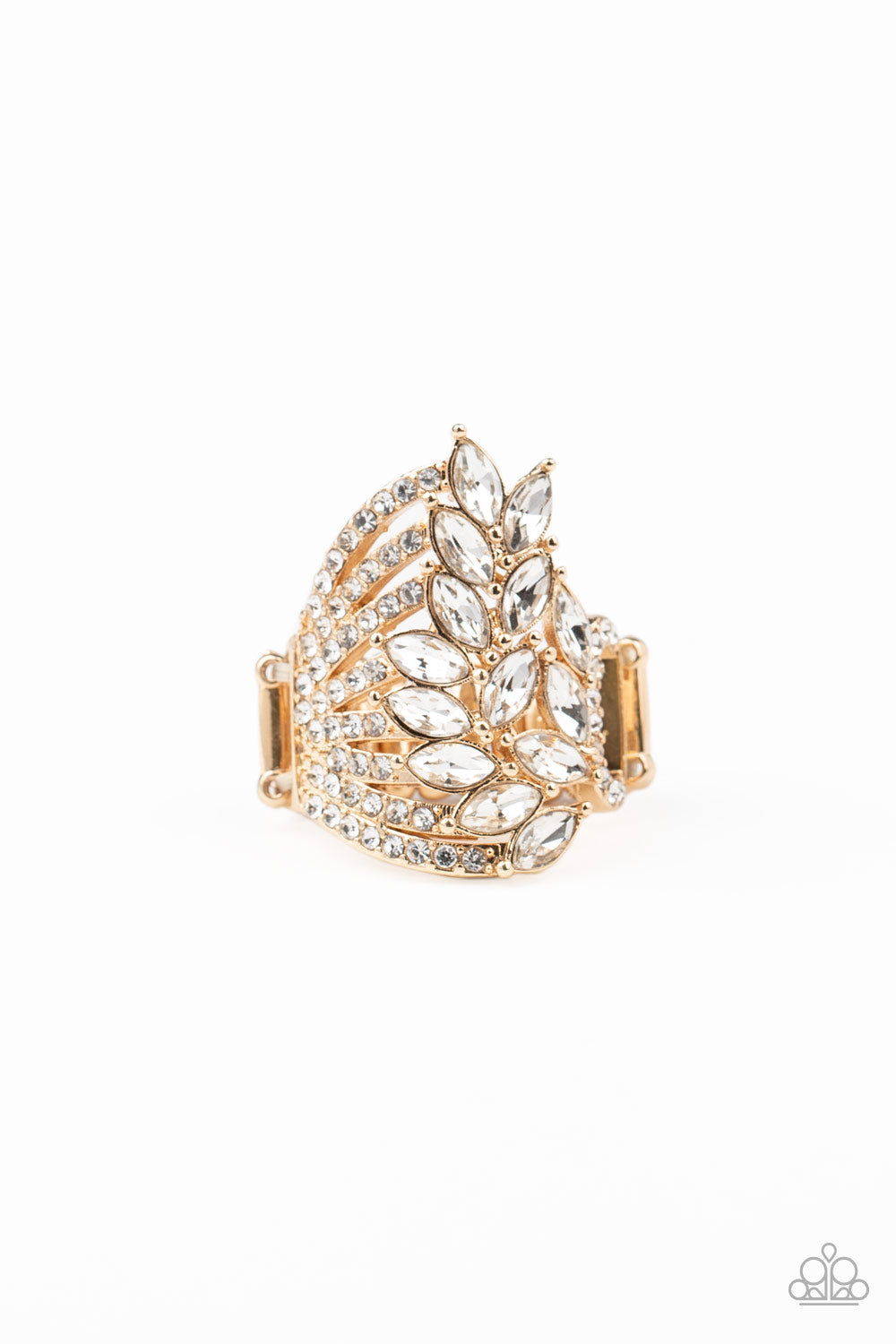 Attached to white rhinestone encrusted gold bands, a cascade of white marquise cut rhinestones fans across the finger, coalescing into a gorgeous statement maker. Features a stretchy band for a flexible fit.