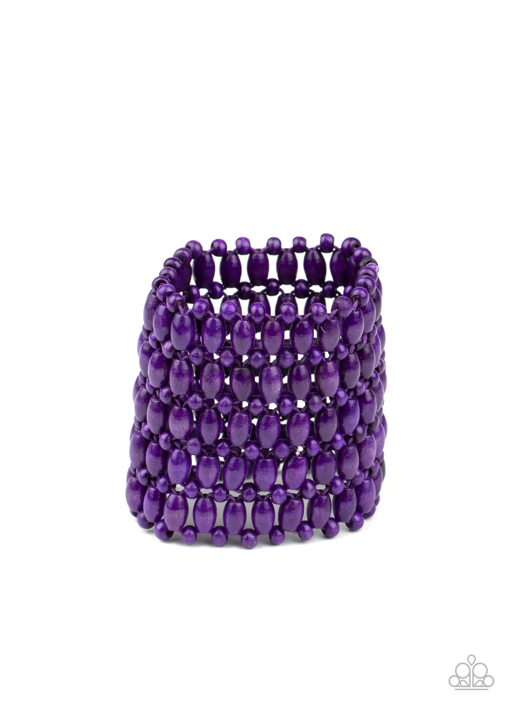 Round and oval purple wooden beads are threaded along stretchy bands that intricately weave around the wrist, coalescing into a colorful stretch bracelet.