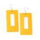 Brushed in a sunny yellow finish, a thick rectangular wooden frame swings from the ear for a retro look. Earring attaches to a standard fishhook fitting.