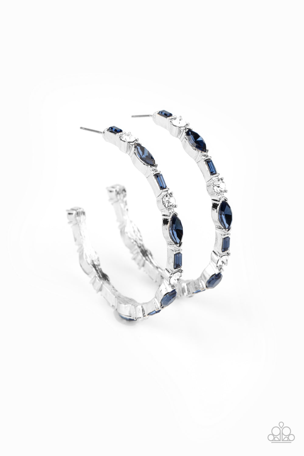 Featuring round, emerald, and marquise style cuts, a glittery collection of blue and white rhinestones coalesce into a sparkly hoop for a glamorous finish. Earring attaches to a standard post fitting. Hoop measures approximately 2" in diameter.