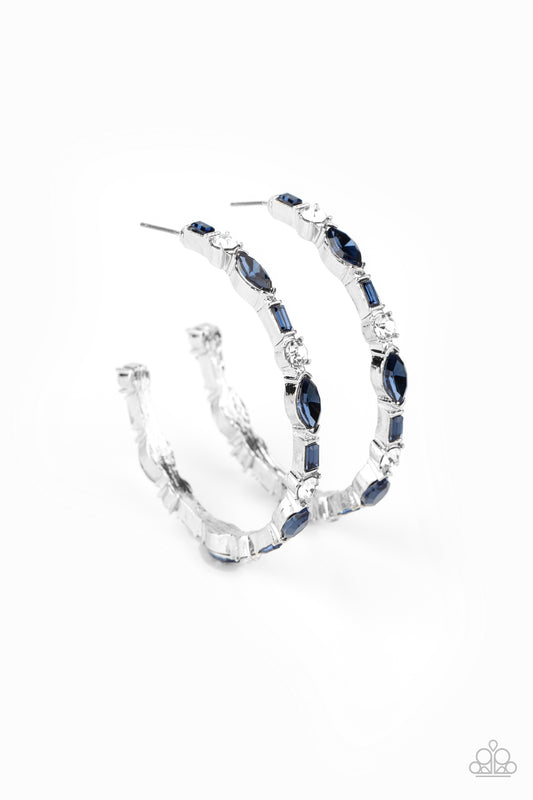 Featuring round, emerald, and marquise style cuts, a glittery collection of blue and white rhinestones coalesce into a sparkly hoop for a glamorous finish. Earring attaches to a standard post fitting. Hoop measures approximately 2" in diameter.