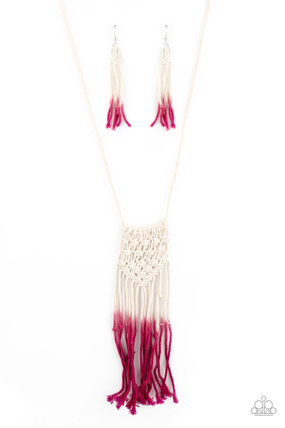 Gradually fading from white to pink, strands of twine-like cording delicately knot and braid into a decorative macramé inspired pendant across the chest. Features an adjustable sliding knot closure.Gradually fading from white to pink, strands of twine-like cording delicately knot and braid into a decorative macramé inspired pendant across the chest. Features an adjustable sliding knot closure.