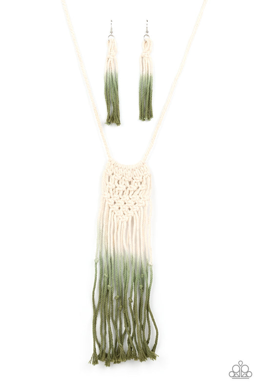 Gradually fading from white to Military Olive, strands of twine-like cording delicately knot in braid into a decorative macramé inspired pendant across the chest. Features an adjustable sliding knot closure