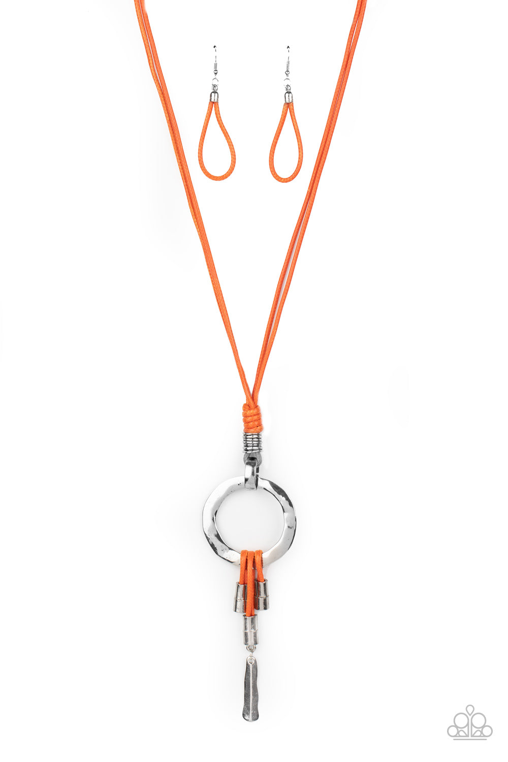 Infused with bold silver beaded accents, pieces of Amberglow cording loop around the bottom of a hammered silver hoop, creating a colorful artisan inspired pendant at the knotted end of lengthened Amberglow cording. Features an adjustable clasp closure.