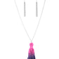 A knotted tassel gradually fades from purple to Blue Depths at the bottom of a lengthened silver chain, creating a colorful pendant. Features an adjustable clasp closure.