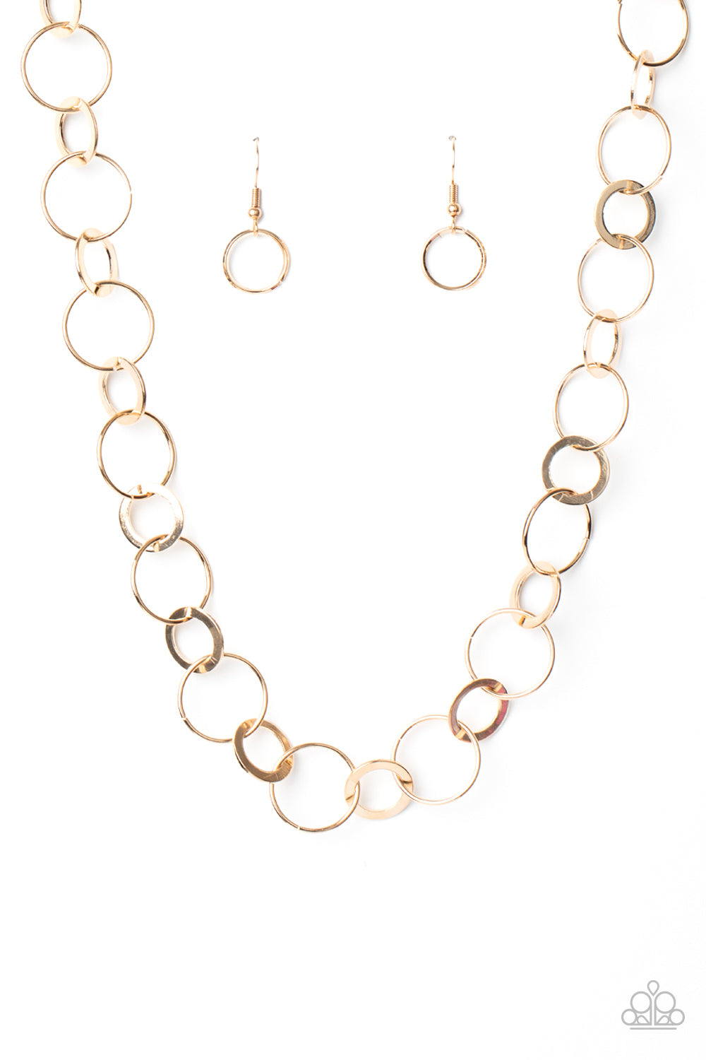 Dainty gold hoops and rings delicately link into a chic chain, creating simplistic shimmer below the collar. Features an adjustable clasp closure.