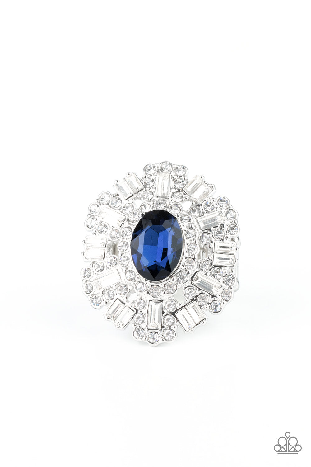 A sparkly series of round and emerald-cut rhinestone petals flare out from a blue oval rhinestone center, creating a dramatically oversized centerpiece atop the finger. Features a stretchy band for a flexible fit.