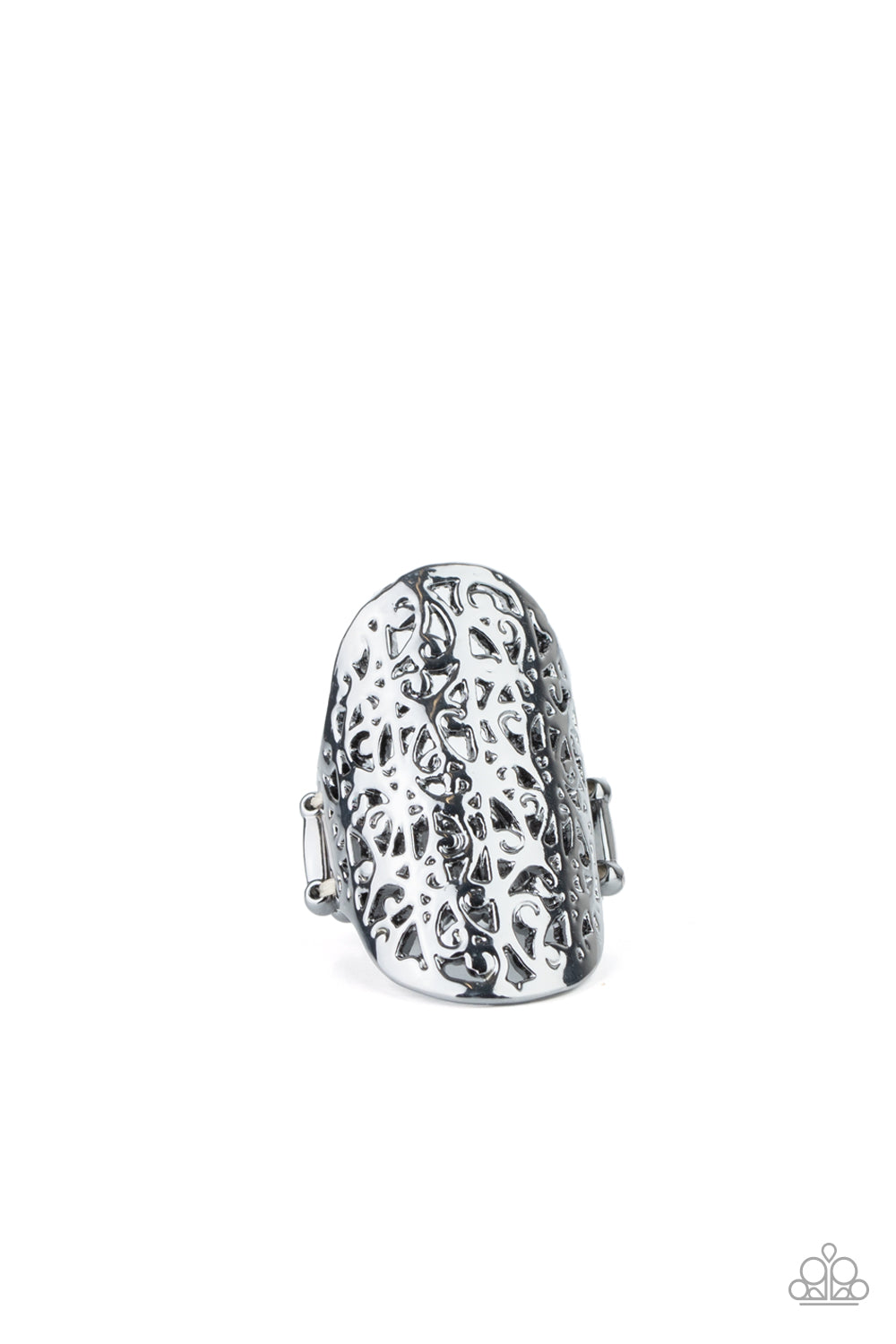 Stenciled in airy filigree patterns, a shiny gunmetal oval delicately folds around the finger for a seasonal inspired finish. Features a stretchy band for a flexible fit.
