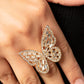 Dainty white emerald cut rhinestones are sprinkled across the golden wings of a butterfly that is encrusted in glassy white rhinestones for a dramatically dazzling finish. Features a stretchy band for a flexible fit.
