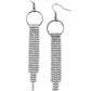 Dainty strands of glittery white rhinestones stream from the bottom of a gunmetal fitting that glides along the bottom of a dainty gunmetal hoop, creating a timelessly tapered fringe. Earring attaches to a standard fishhook fitting.