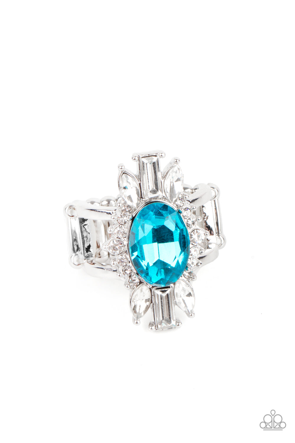 An icy collection of round, marquise, and emerald style white rhinestones radiate out from a blue gem center, creating a glamorous centerpiece atop the finger. Features a stretchy band for a flexible fit.