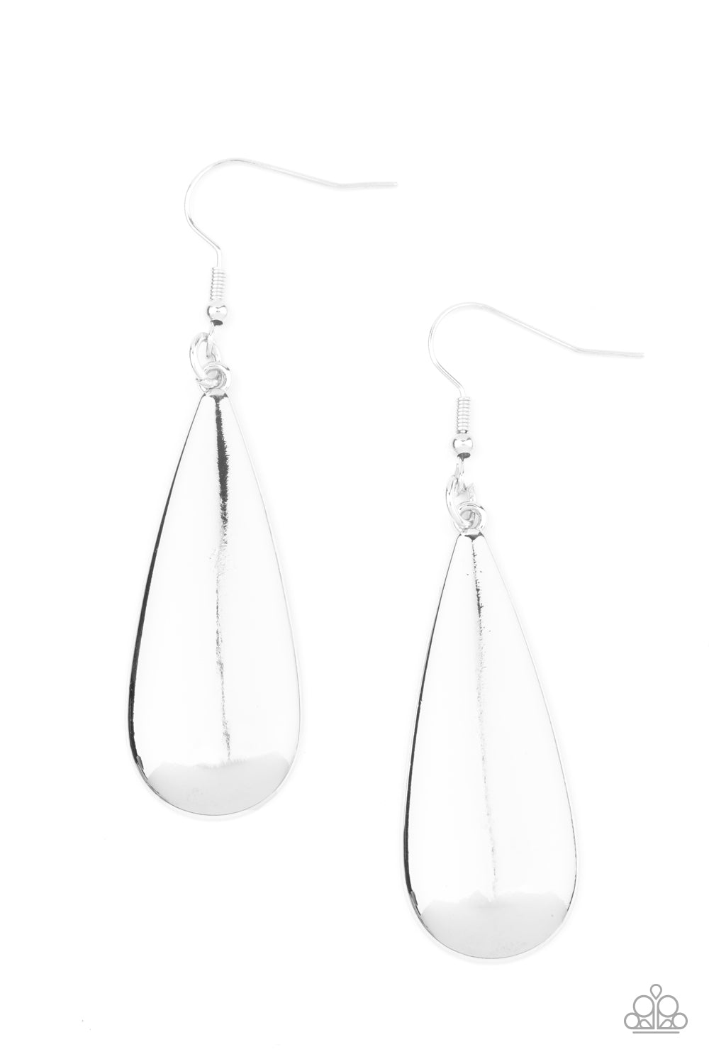 Brushed in a high-sheen shimmer, an oversized silver teardrop swings from the ear for a dramatically classic look. Earring attaches to a standard fishhook fitting.