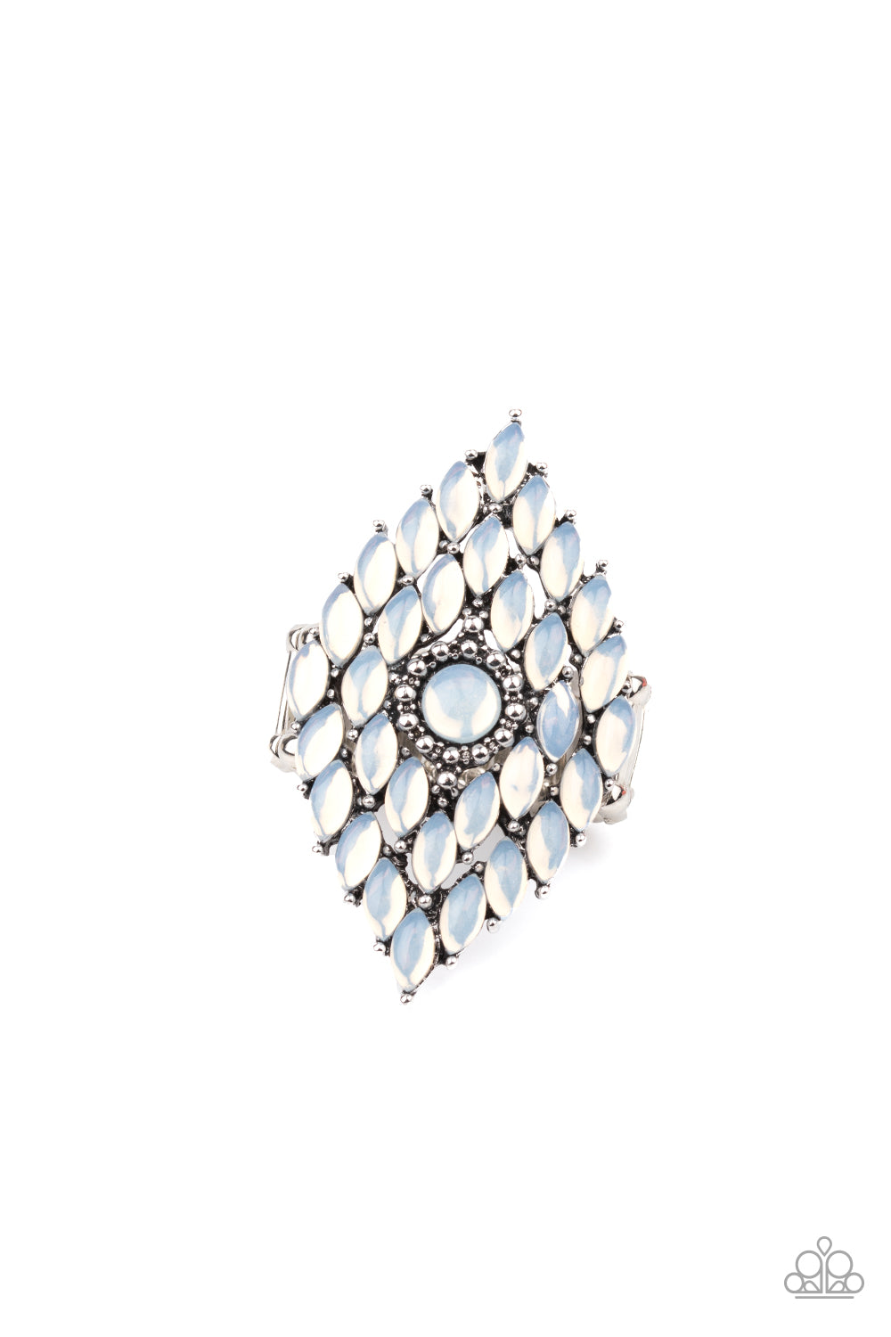 Featuring regal marquise style cuts, rows of iridescent cat's eye stone beads stack around a round cat's eye stone beaded center, creating an ethereal centerpiece atop the finger. Features a stretchy band for a flexible fit.  Sold as one individual ring.