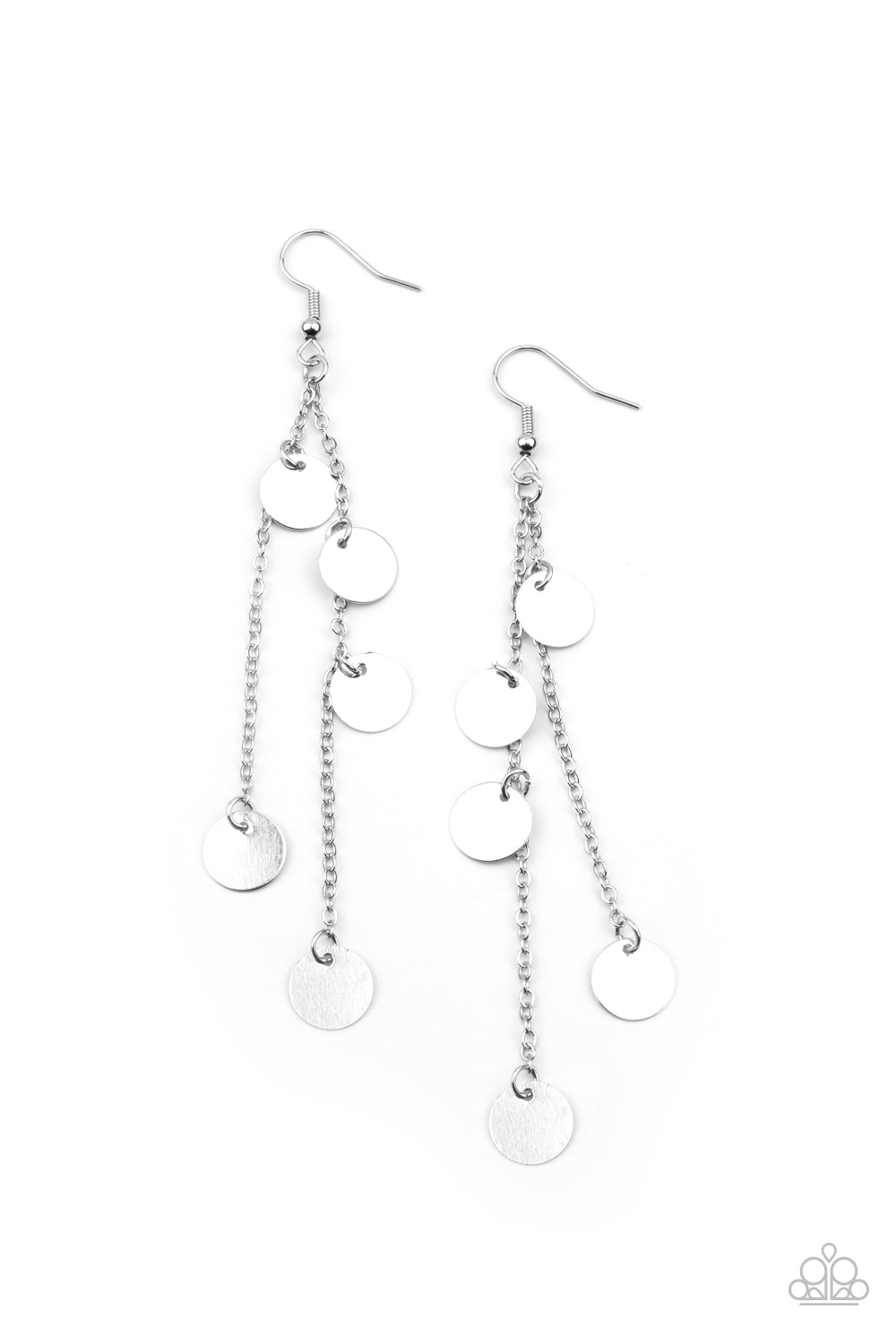 Dainty silver discs haphazardly swing from two dainty silver chains, coalescing into a noisemaking shimmer. Earring attaches to a standard fishhook fitting.