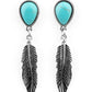 A lifelike silver feather charm swings from the bottom of a teardrop turquoise stone teardrop, coalescing into a tranquil lure. Earring attaches to a standard post fitting.