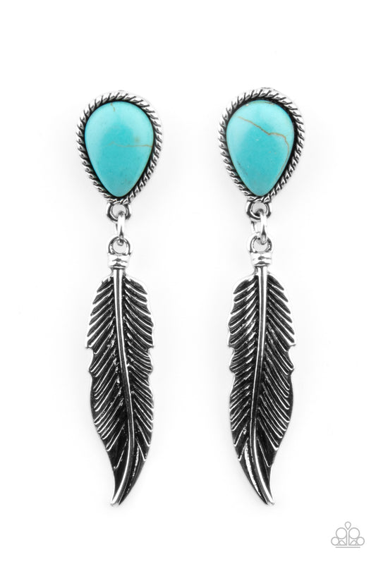 A lifelike silver feather charm swings from the bottom of a teardrop turquoise stone teardrop, coalescing into a tranquil lure. Earring attaches to a standard post fitting.